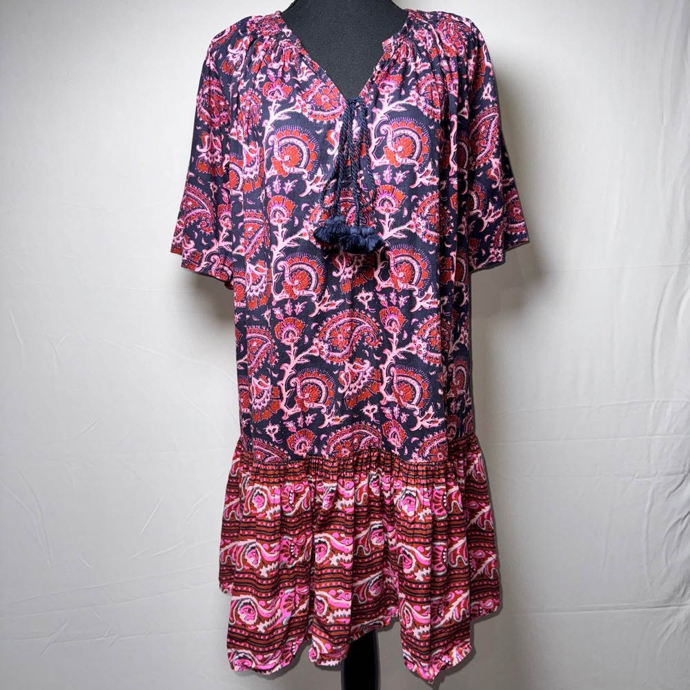 Figue Womens Paisley Tassel Shift Mini Dress Pink Red Short Sleeve Small India